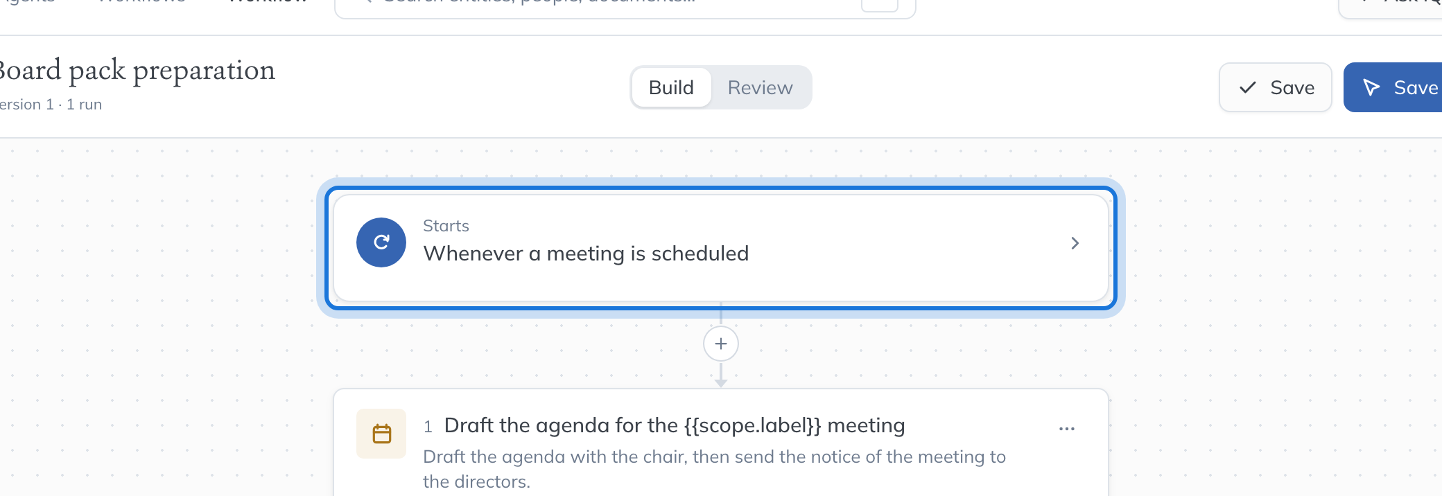 The workflow on the builder canvas: it starts whenever a meeting is scheduled, then a task to draft the agenda.