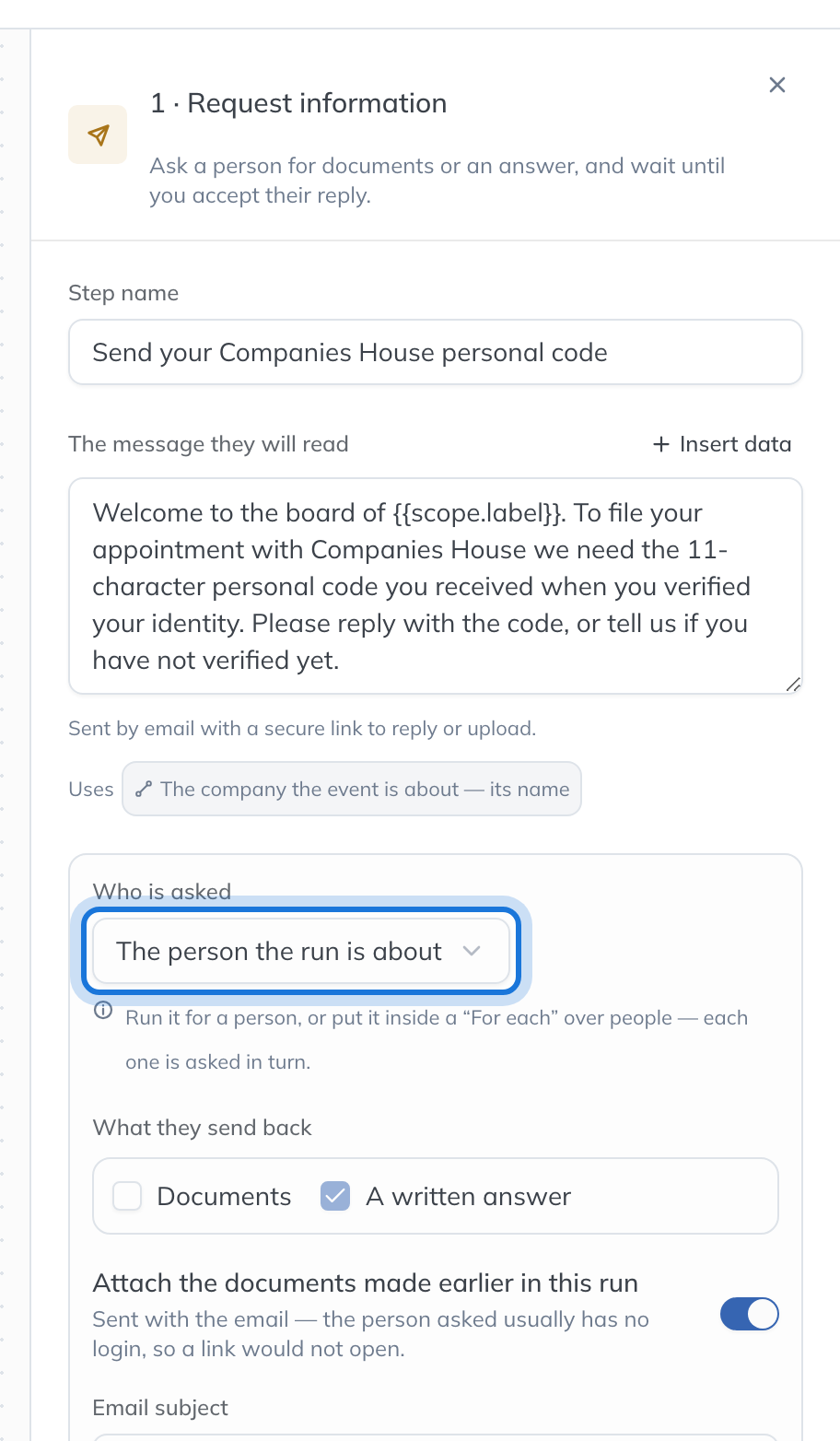 The Request information step: the message to the new director, Who is asked set to The person the run is about, and what they send back.