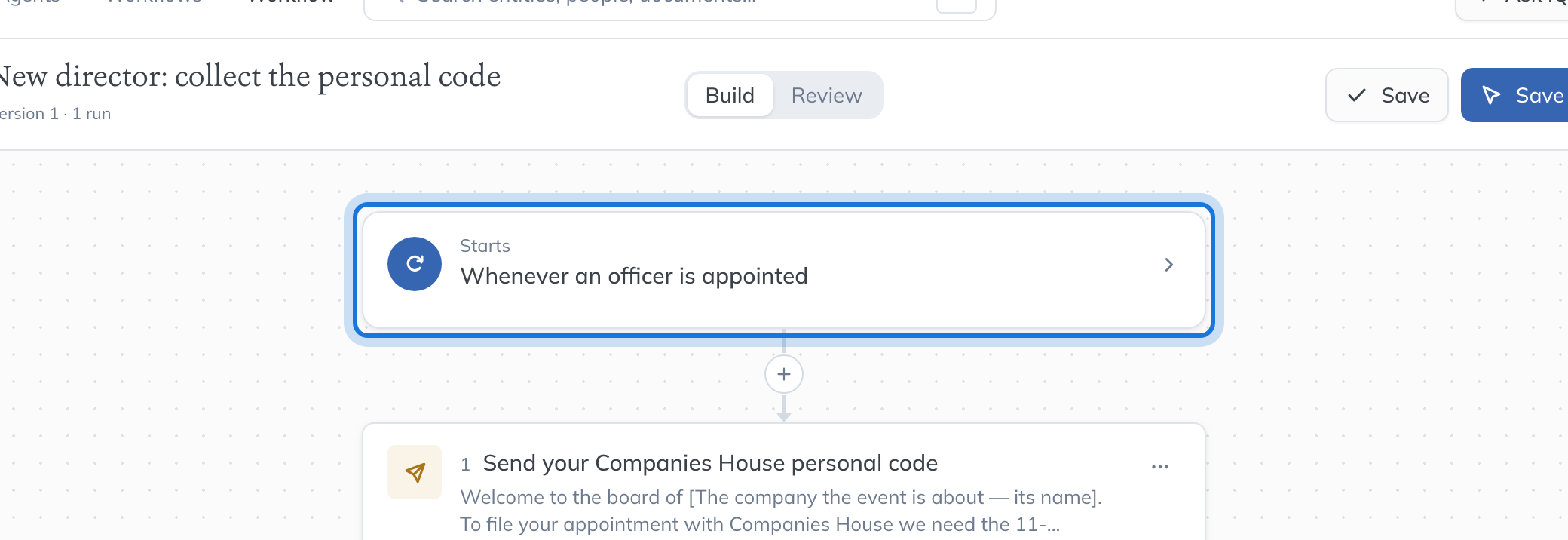 The workflow’s first card on the builder canvas: Starts whenever an officer is appointed.