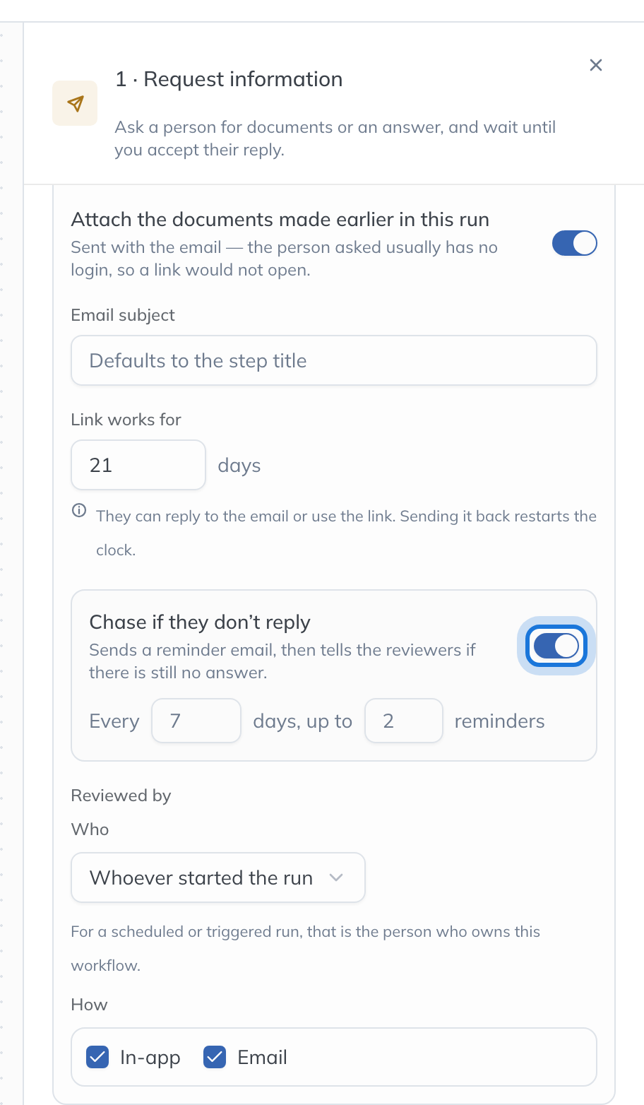The Request information step asking a specific person, with Chase if they don’t reply switched on: every 7 days, up to 2 reminders.