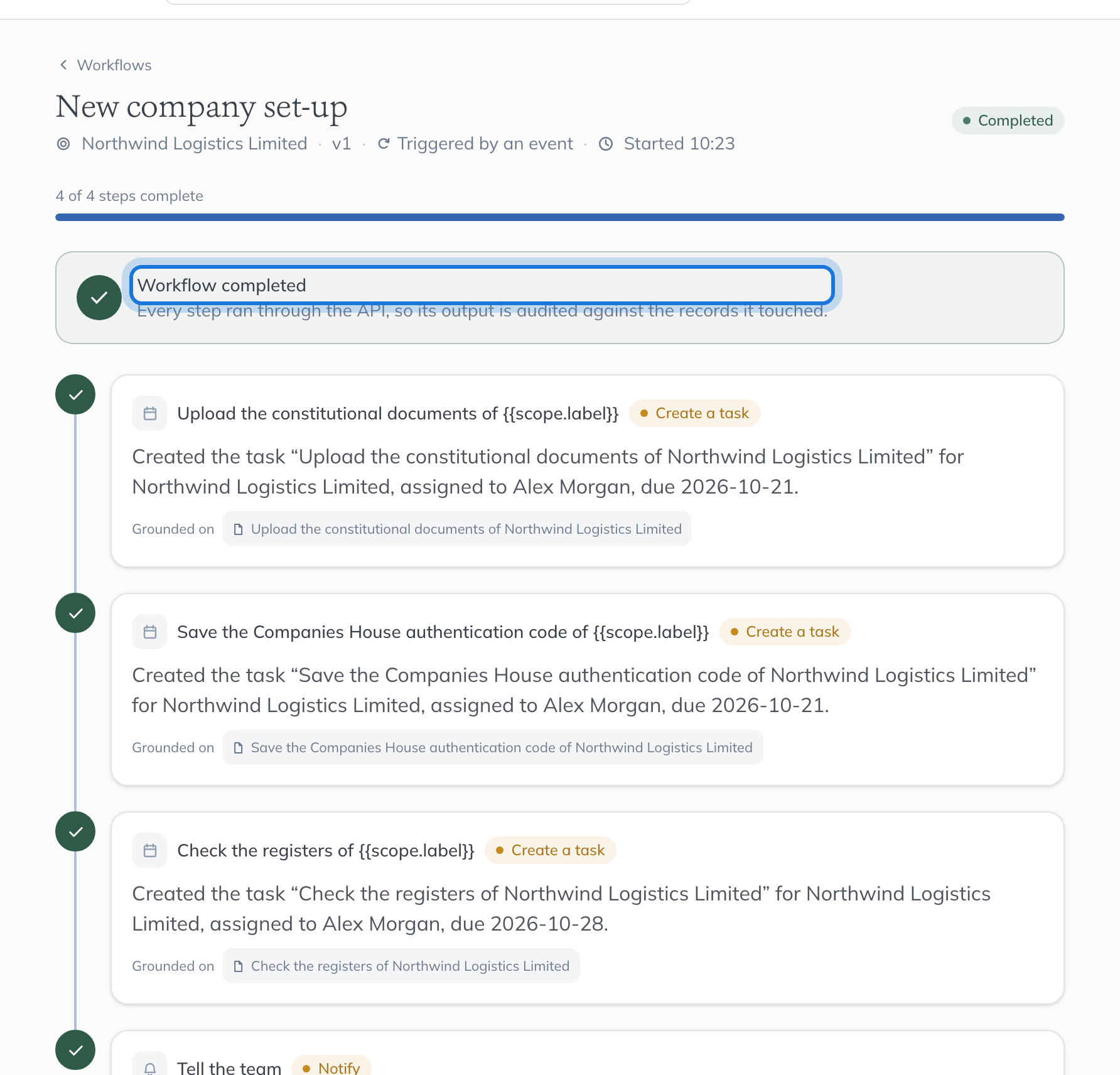 The run started by adding a company: Workflow completed, with each set-up task created for the new company.