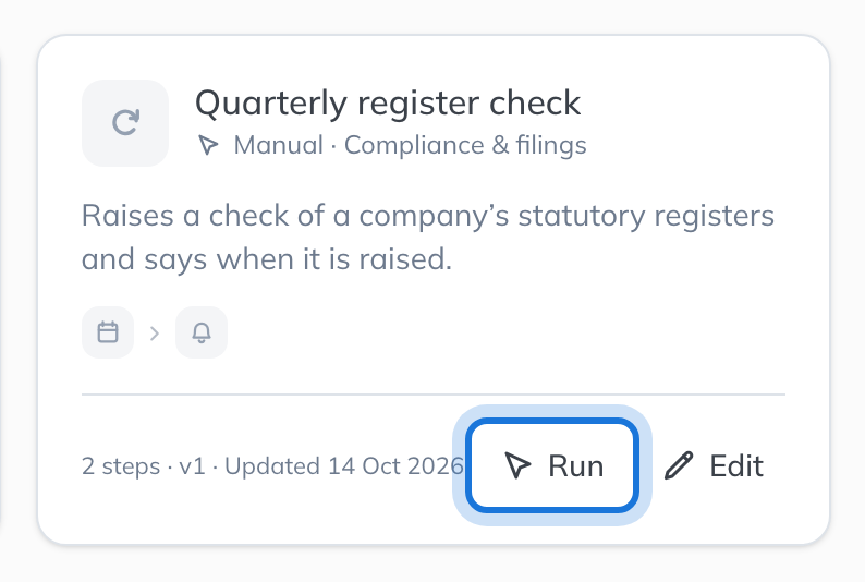 A workflow’s card in the library under Your workflows, with Run highlighted beside Edit.