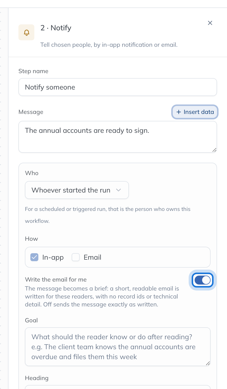 The settings of a Notify step: Who, How, Write the email for me, the heading and the importance.