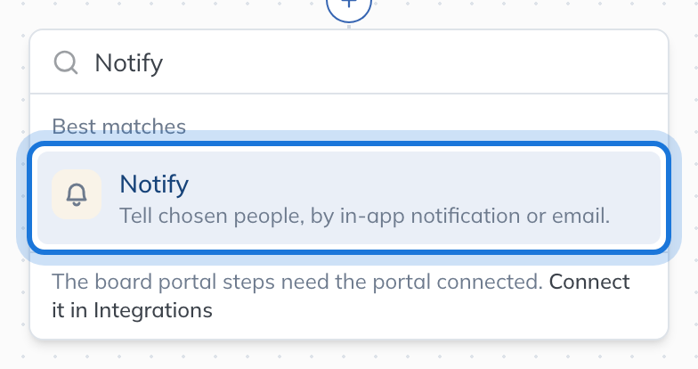 The list of steps with Notify typed in the search box and Notify as the best match.