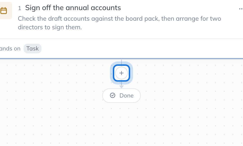 The plus button on the line below the step, highlighted, which adds a step at that point.