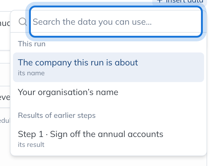 Insert data open beside the message of a Notify step, listing the data the step can quote, grouped under This run and Results of earlier steps.