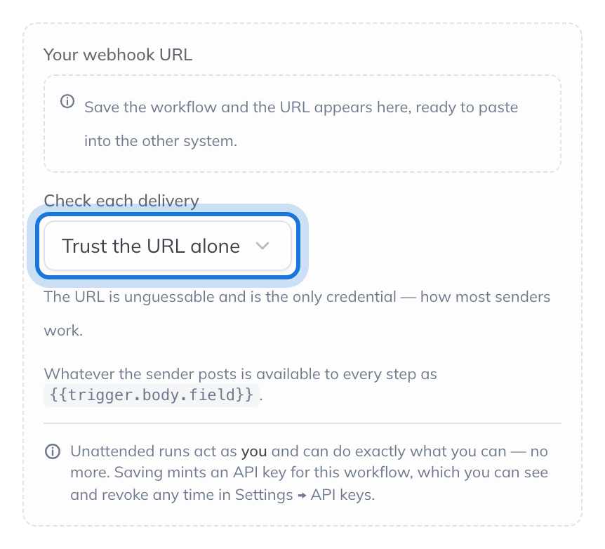 When another system tells us chosen: the web address appears once the workflow is saved, and Check each delivery is set to Trust the URL alone.
