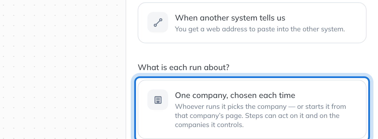 What is each run about, with One company, chosen each time highlighted above Nothing specific.