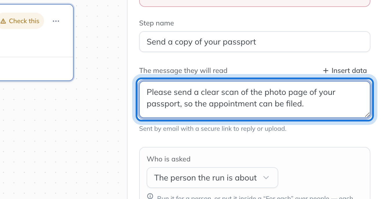 The Request information step with its name and The message they will read filled in.
