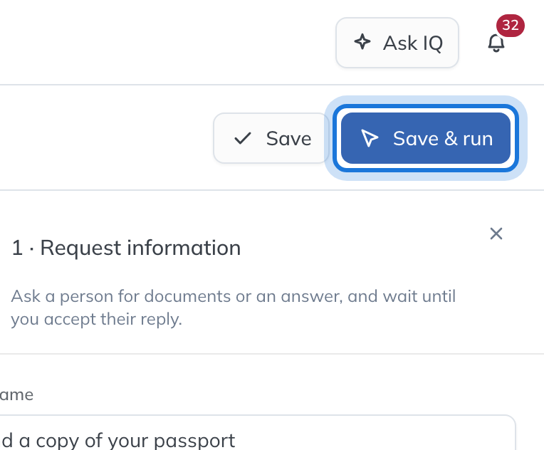 Save and Save & run at the top of the builder, with Save & run highlighted.
