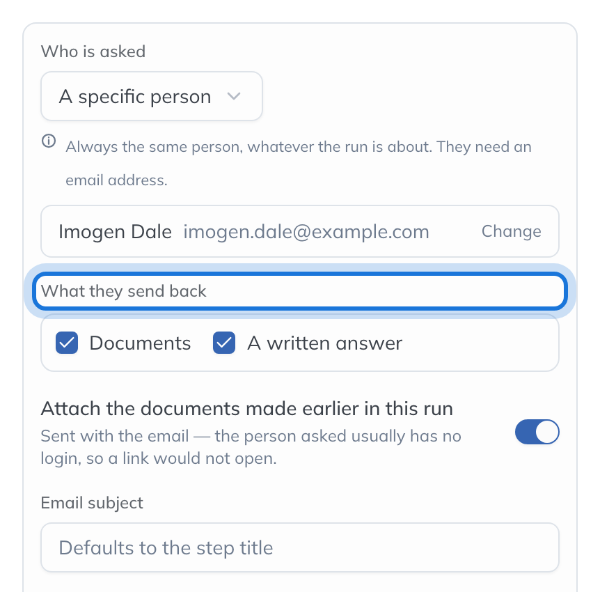The rest of the request settings: What they send back, the email subject, how long the link works, chasing, and Reviewed by.
