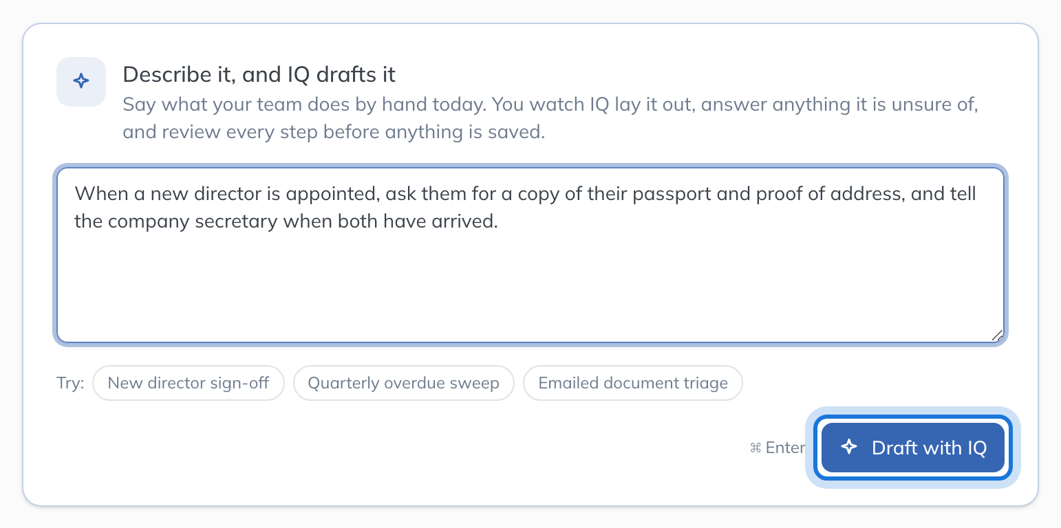 Describe it, and IQ drafts it, with a routine written in the box, example briefs under Try, and Draft with IQ highlighted.