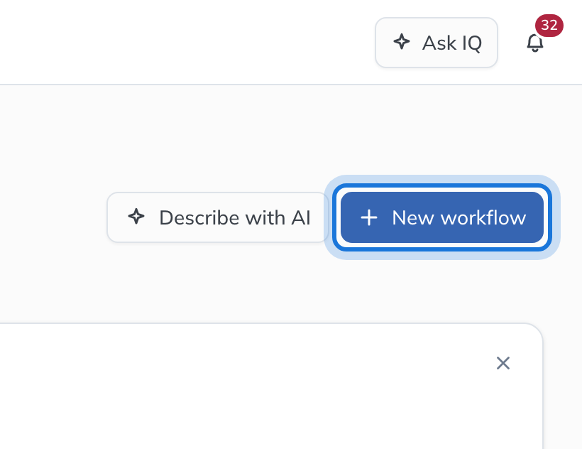 The Workflows page with New workflow highlighted beside Describe with AI.